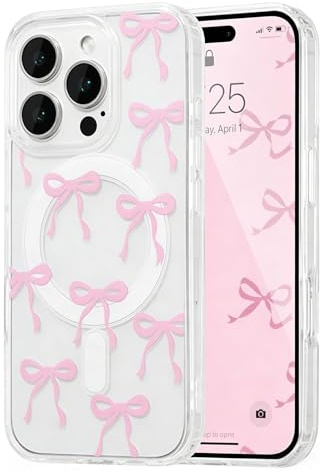 Dawnieee Magnetisch Hülle für iPhone 16 Pro Max Handyhülle Kompatibel mit MagSafe, Aesthetic Schleifen Bow Schutzhülle Dünne Transparent Hard PC Case Nie Vergilbun Stoßfest TPU Bumper Cover - Rosa