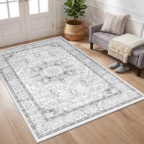 Autsel Vintage Teppich Wohnzimmer 140x200cm, Grau Teppich Schlafzimmer | Waschbarer Boho Teppich, Rutschfest Läufer Teppiche, Pflegeleicht Teppich Gegend für küche, Büro, Esszimmer, Flur