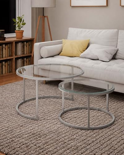 Glastisch 2er Set Couchtisch Rund Silber Satztische mit Gehärtetem Glas, Sofatisch Glasplatte Wohnzimmertisch Modern, Großer Beistelltisch Kaffeetisch für Wohnzimmer & Büro, 80 + 60cm