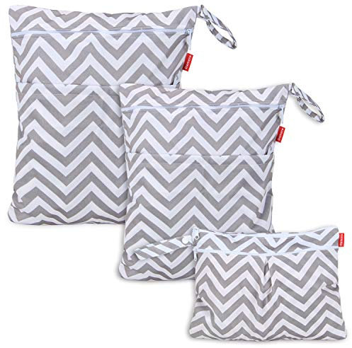 Damero Wetbag Stoffwindeln, Wickeltasche Baby Wiederverwendbar, 3 Stücke Nasstasche Stoffwindeln, Waschbar Organizer Beutel für Mädchen Jungen, Grauer Chevron