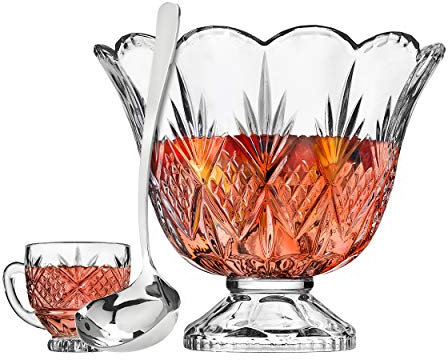 Godinger Dublin Crystal Punch Bowl Set with 8 Cups and Ladle - 10 Piece Set