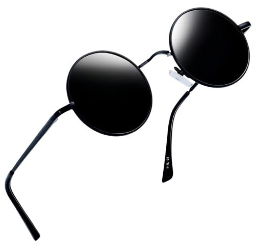 Joopin Klassische Runde Sonnenbrille Herren Schwarz Polarisierte Sonnenbrille Damen Rund Hippie Vintage Retro Brille UV400 Schutz (Voll Schwarz)