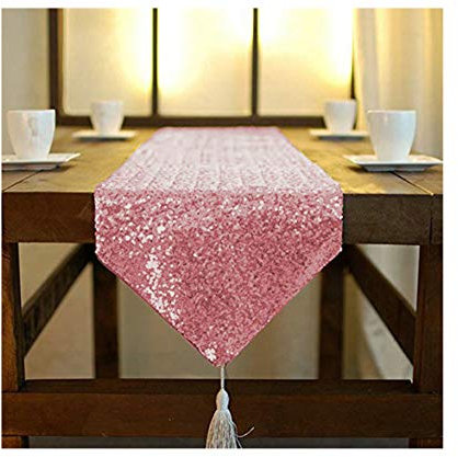 ShinyBeauty Tischläufer mit Quaste schimmerndes 30 x 180 cm mit Glitzer und runden Pailletten Tischläufer für Party Hochzeit Bankett Tischdecke dekorativ (Rosa Gold, 30x180cm)
