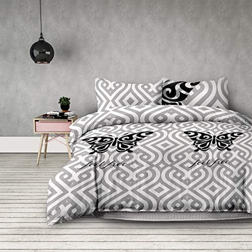 AmeliaHome 4tlg 2 x Bettwäsche 155x220 cm mit 2 Kopfkissenbezügen 80x80 cm Schmetterling Microfaser Reißverschluss Basic Collection Feel Free grau weiß schwarz