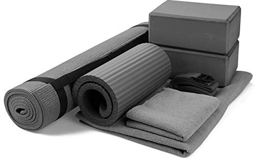 BalanceFrom GoYoga - Juego de 7 piezas, incluye esterilla de yoga con correa de transporte, 2 bloques de yoga, toalla de yoga y rodilleras de yoga (gris, 1/4 de pulgada de espesor)