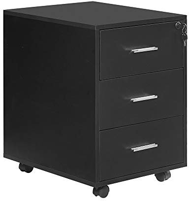 HomeSailing Office Lockable Unit Storage Cabinet 3 Drawers Black with Mobile Caster Wood Under Desk Pedestal Side File Document Organizer Drawers Cabinet Small Space