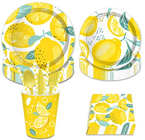 FAIRYRAIN Fresh Lemon Theme Party Supplies Decorations Set ncluding 8 x 9 Plates, 8x 7 Plates, 8x9 Oz Cups, 20x Luncheon Napkins, 24 pcs Tableware set, Paper straws Serves 8 Guest Set