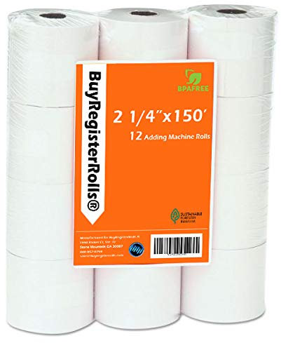 BuyRegisterRolls (12 Rollen) 6,4 x 45,7 m weiße Adding Machine Tape Papier Rollen, Premium einlagig Register/Adding Maschine/Rechner Rolle Druckrechner 10 Tasten
