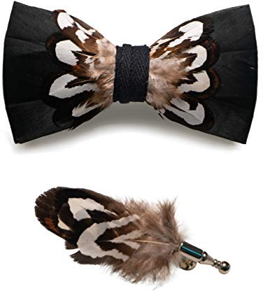 JEMYGINS Noeud Papillon Homme Point blanc/noir 2 en Plume en Plumes Fait Main et Broche Ensemble Compris boîte