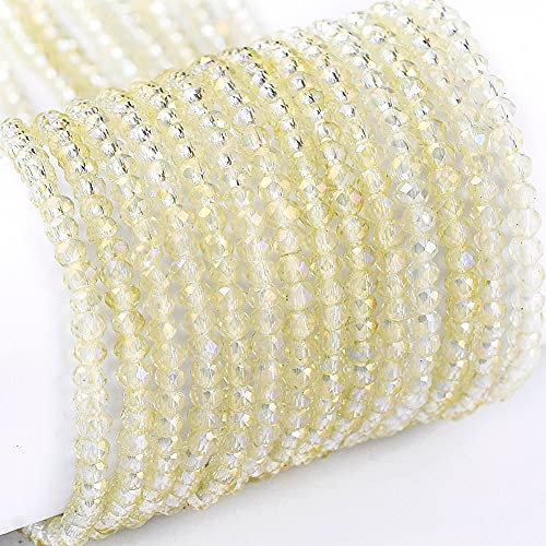 FASHEWELRY 10 Strands Briolette Crystal Glass Beads 2mm Rondelle Faceted Glass Spacer Beads Full Rainbow Plated for Necklace Bracelet Jewelry Making (Champagne Yellow)