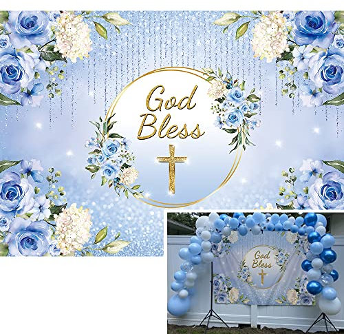 BINQOO 2,1 x 1,5 m blauer Gott segnen Taufe Hintergrund für Jungen Erstkommunion Taufe Party Supplies blauer Blumenkranz Glitzer Fotohintergrund Geburtstag Neugeborene Babyparty Fotoshooting