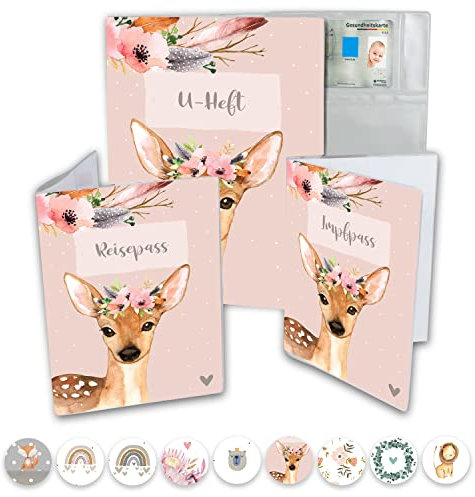 Minilino U Heft Hülle 3-teiliges Premium Set für Impfpass, Reisepass [ SCHÜTZT WICHTIGE DOKUMENTE ] Organizer für Untersuchungsheft und Reiseunterlagen | für Jungs & Mädchen, Federkranz REH