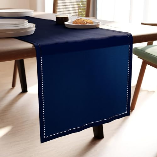 Encasa XO Tischläufer | Reine Baumwolle mit Hohlsaumdesign | Größe 32x230 cm | Scotch Blue - Maschinenwaschbar