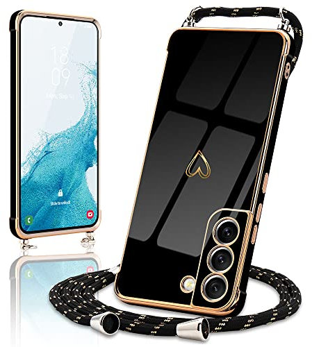Micoden Handykette kompatibel mit Samsung Galaxy S22 5G hülle Ultra dünn Kameraschutz Herz Love Design Galvanik TPU Silikon Bumper Kordel zum Umhängen Handyhülle mit Band Schutzhülle,Schwarz