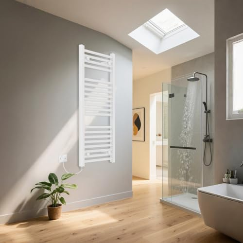Warmehaus Electric Heated Towel Rail 500W White Straight 970x450mm | Pre-Filled, Stylish Ladder Towel Radiator, Wall Mounted, Mild Steel, Durable Finish