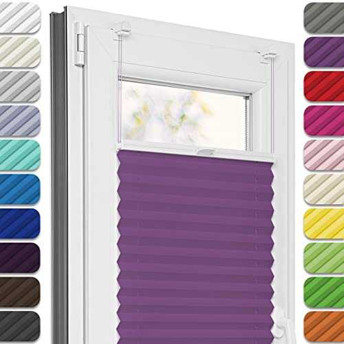 Estika Plissee ohne Bohren, Premium Klemmfix - 60cm Breite x 200cm Höhe - Pflaume - Metal Plisseehalter ohne Bohren, Modern Sichtschutz für Fenster, Jalousien Fenster für innen
