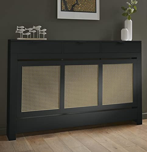 DuraTherm® Radiator Cover Black Painted and Rattan MDF Cabinet Horizontal Slat Storage Drawers & Shelf, Radiator Cabinets for Office Hallway Living Room Bedroom, Large (H: 150cm / W: 96cm / D: 19cm)