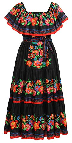 FYMNSI Abito da donna in stile messicano, con spalle scoperte, lungo abito da sera floreale, abito da spiaggia, abito per il tempo libero, abito da festa, da S a 3XL, Nero , XL