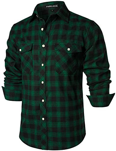 PARKLEES Chemise décontractée pour homme - Coupe droite - Boutonnée - Carreaux - En flanelle - Avec poches, vert foncé, XXL