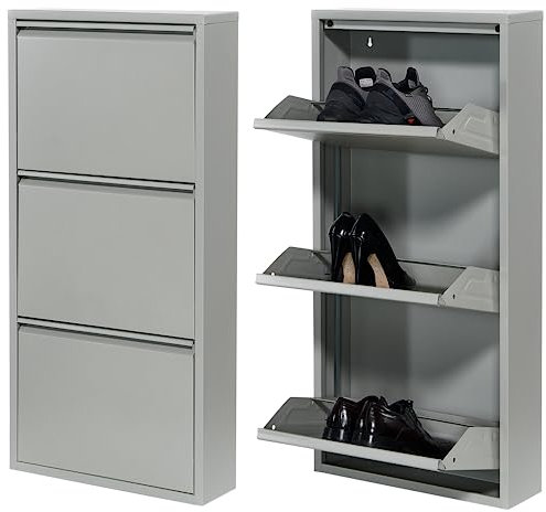 Atahome Slim Shoe Cabinet Narrow Shoe Storage Cabinet for hallway wall mounted thin flip down Tall Metal Shoe Rack Storage Organiser Shoe cupboard Indoor Assos 3-Drawer (Grey)
