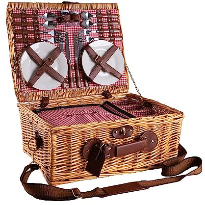 eGenuss Picknickkorb 4 Personen, Picknickkorb mit Kühlfach mit abnehmbarem Schultergurt und Picknick Zubehör - handgewebter Picknicktasche 4 Personen, Picknick Korb Geschenk - Picnic Set Rot