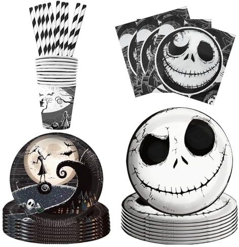 ASSUGO Halloween Geschirr 50-teiliges Set, Halloween Partygeschirr Set aus Pappteller Becher Strohhalme, Halloween Tischdeko für Kinder, Grusel Party, Garten (10 psc)