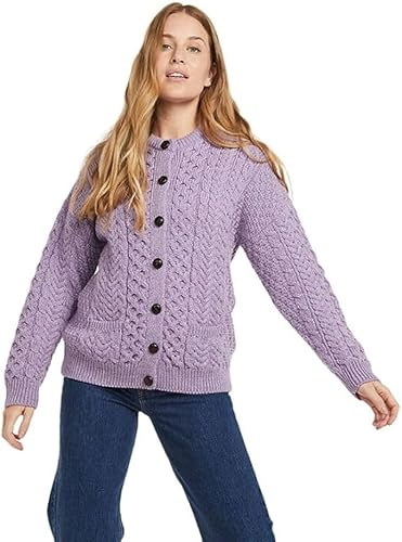 Aran Woolen Mills Cardigan con Bottoni Lavorati a Maglia da Donna con Tasche 100% Lana Merino (Bianco