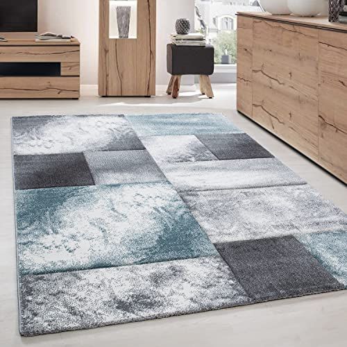 Carpettex Teppich Wohnzimmer Kurzflor 140 x 200 cm Modern Kariert Design Blau - Teppich Schlafzimmer Weich Flauschig Waschbar Küchenteppich - Esszimmer Kinderzimmer Flur Teppich Wohnzimmerteppich