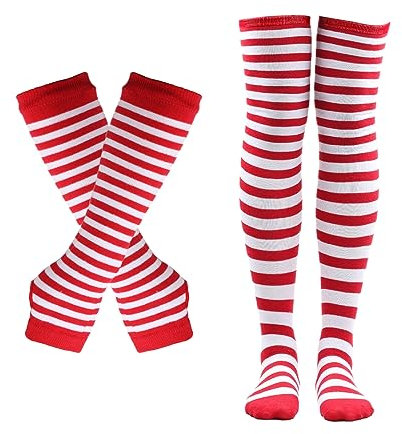 SUNTRADE Damen Mädchen Cosplay Gestreifte Kniestrümpfe Beinwärmer Fingerlose Handschuhe Set (Rot-Weiß)