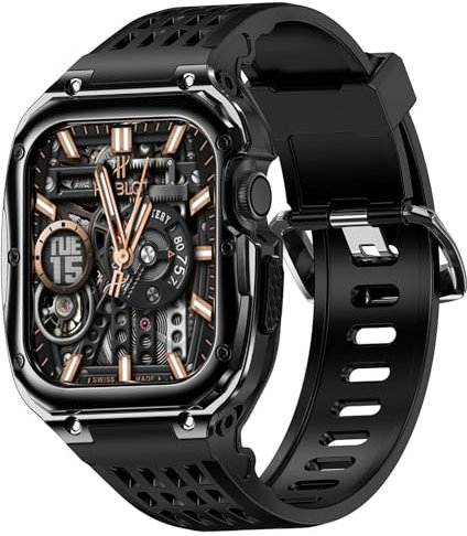 VISOOM Band mit Edelstahlgehäuse Kompatibel mit Apple Watch Armband 44mm 45mm, Herren Rugged TPU Sportarmband mit Schutzhülle iWatch Serie 9 8 7 SE2 SE 6 5 4, Schwarz