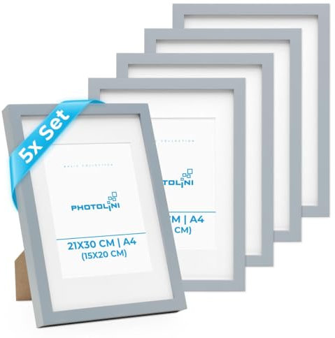PHOTOLINI Echtholz-Bilderrahmen A4 21x30 cm mit Passepartout 15x20 cm, Grau, Holzrahmen, 5er Set, Echtglasscheibe, zum Aufhängen & Aufstellen, extra Zubehör - Fotos & Bilder