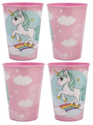 Golddunes 4pc Cups 260ml Cartoon Character Drinking Party Pack, Tumbler Re-Usable Plastic (Pink/White Unicorn)