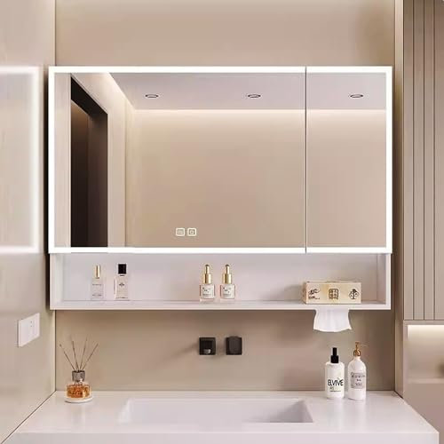 Armoire Miroir Salle de Bain Anti-Buée, Pharmacie LED Tactile Avec Prise Charnière Sans Fil, Placard de Rangement Toilettes (Couleur : WH, Taille : 70 * 70 * 13CM)
