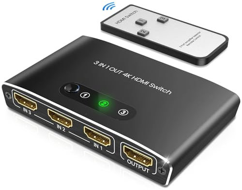 HDMI Switch 3 Entradas a 1 Salida, Switch HDMI 4K Automático con Control Remoto, Aluminio Conmutador HDMI Soporta 4K 3D UHD 1080P HDCP Compatible para PS5/PS4/PS3/PC/DVD/BLU-Ray/Xbox/TV