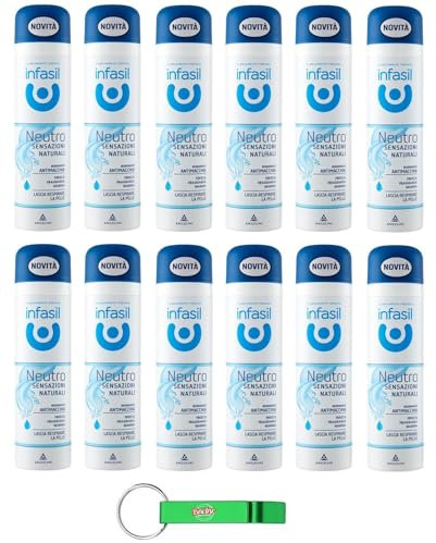 12 x Infasil Deodorant-Spray, neutral, natürliche Empfindungen, Meeresduft, Fleckenschutz, ohne Aluminiumsalze, Deo 150 ml + Schlüsselanhänger Beni Culinari gratis