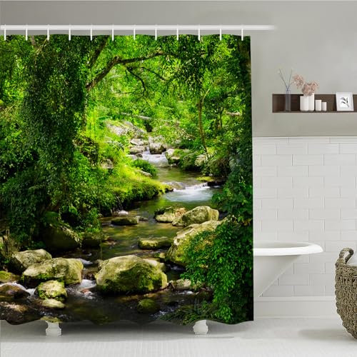 Simpomsy Plants Shower Curtain Green Nature Forest Jungle Tropical Rainforest Summer Landscape Scenery, 3D Digital Painting Pattern For Shower Stall, Bathroom Curtains With 12 Pcs Hooks 180x180cm