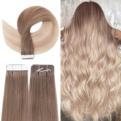 TESS Tape Extensions Echthaar 30 cm, Blond Balayage Tape Haarverlängerung 20 pcs Glatt Balayage Hellbraun bis Goldblond und Weiß Blond Remy Tape in Hair Extensions für Haarverdichtung (20pcs-30g)