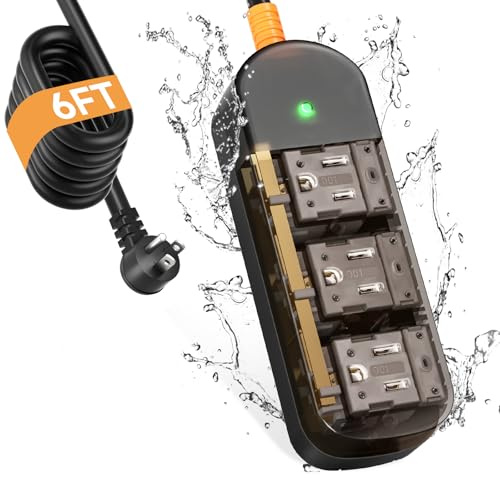 Outdoor Power Strip Weatherproof 6 FT Outdoor Extension Cord Waterproof Surge Protector Power Strip, 3 AC Outlets, 1625W - for Camping, Home, Office, Garden, Dorm, FCC UL Listed