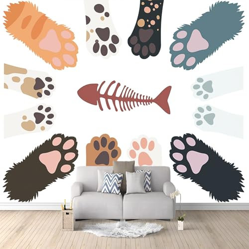 Papier Peint Panoramique Dessin Animé Empreintes De Chat 250x175 cm Papier Peint Intissé Mural, Poster Geant Mural Impression 3D, pour Salon Chambre d'enfants restaurant Décoration Murale