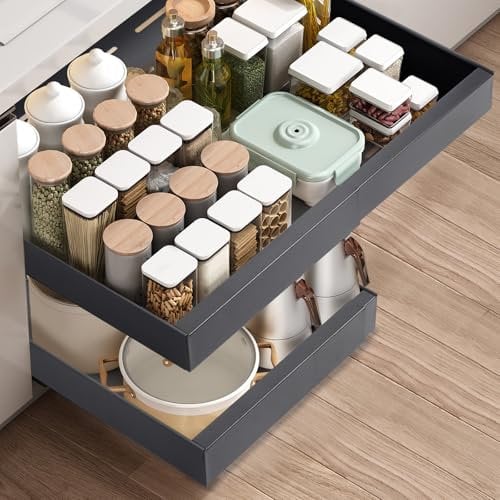 Pameil Pull out Cabinet Organiser, Slide out Drawers for Kitchen Cabinets, no Drill Adjustable Drawers, pull out Kitchen Storage,Cupboard Organiser that Requires no Drilling and Nailing (Dark gray)