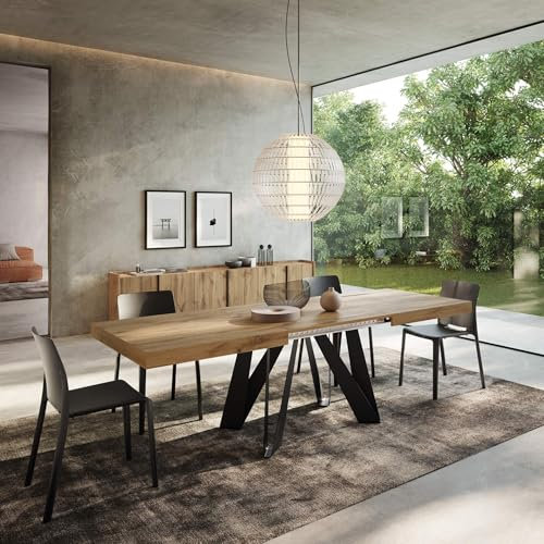 MOBILI FIVER, Table Extensible Romina 140 (220) X 90 cm, Bois Rustique avec Pieds en Fer Noir, pour 6-10 Personnes, Table Extensible pour Cuisine, Salon, Made in Italy