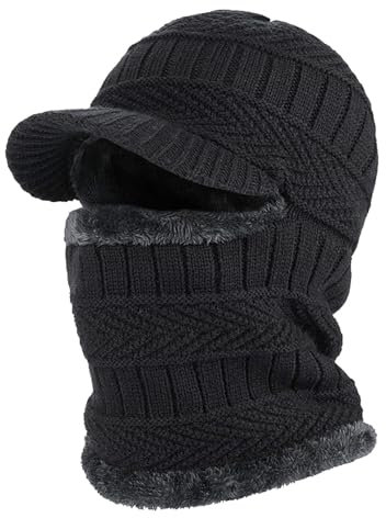 Mashaouyo Bonnet et écharpe d'hiver pour homme avec visière - Bonnet chaud - Coupe-vent - Bonnet d'hiver chaud - Classics - Bonnet en tricot pour homme - Confortable, Noir , taille unique