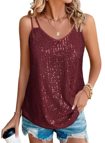 Suncife Damen Pailletten Oberteil Tank Glitzer Top Glitzertop Party Frauen, burgunderfarben, XL