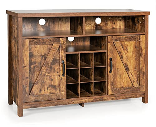 TANGZON Storage Cabinet, 2 Door Wooden Kitchen Sideboard with 9-Bottle Wine Rack, Adjustable Shelves & 3 Open Compartments, Floor Standing Console Buffet Cupboard for Dining Living Room (Rustic Brown)