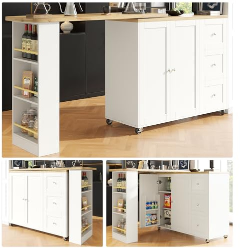 KUAKE Moderner ausziehbarer Bartisch,Ausziehbarer Esstisch mit Stauraum, mit DREI Schubladen, Stehtisch Bistrotisch, geeignet für Küche und Wohnzimmer (Weiß)