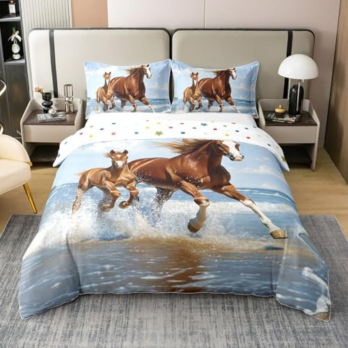 Loussiesd Pferd 100% Baumwolle Bettwäsche Set 155x220cm Galoppierendes Pferd Betten Set Pferd Muster Bettbezug Set Niedliche Tier Dekor Bettwäsche Kawaii Farm Cowboy Bettwäsche-Set