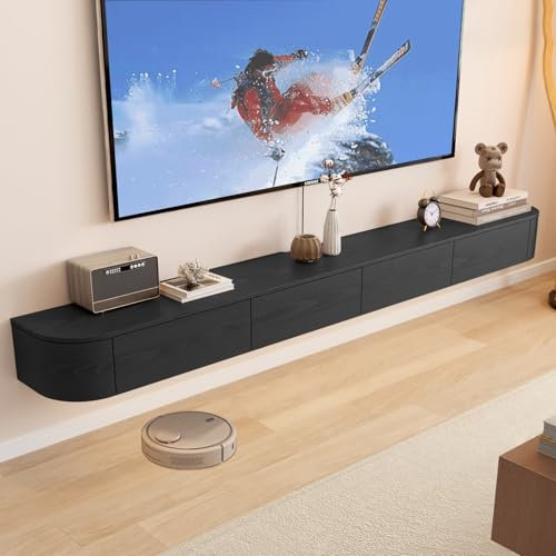 Ribanedy Meuble TV Suspendu Moderne en Bois Massif | Console de Divertissement Murale avec Portes à Rabat | Étagère Télé avec Grand Espace de Stockage pour Salon & Bureau (Noir, 200cm)