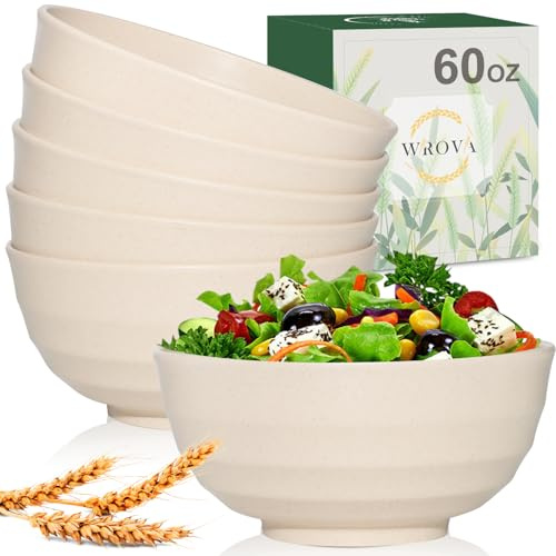 Wrova Wheat Straw Bowls Set 60 OZ, Unbreakable Large Beige Bowls Set of 6, Microwave & Dishwasher Safe Big Cereal Bowl for Picnic and Party BPA Free Salad Bowl for Serving Oatmeal and Popcorn (Beige)