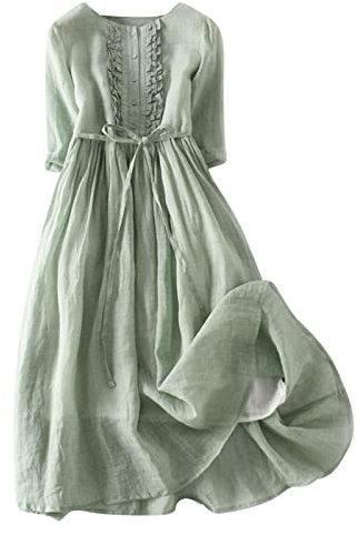 Zeiayuas Vintage Linen Dresses for Women UK Cotton Linen Maxi Dresses Lace Up Round Neck Half Sleeve Dress Pleated Boho Beach Holiday Dress Summer Casual Tunic Elastic Waist Tie Long Sundress