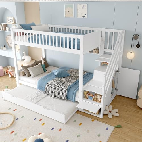 ✨ Etagenbett 90x200 cm mit AUSZIEHBETT & Treppe • Hochbett mit Kleiderschrank, Schubladen & Regal • Kinderbett & Gästebett in Weiß • Inkl. Integriertem Schrank & Großem Stauraum • Ohne Matratze ✨